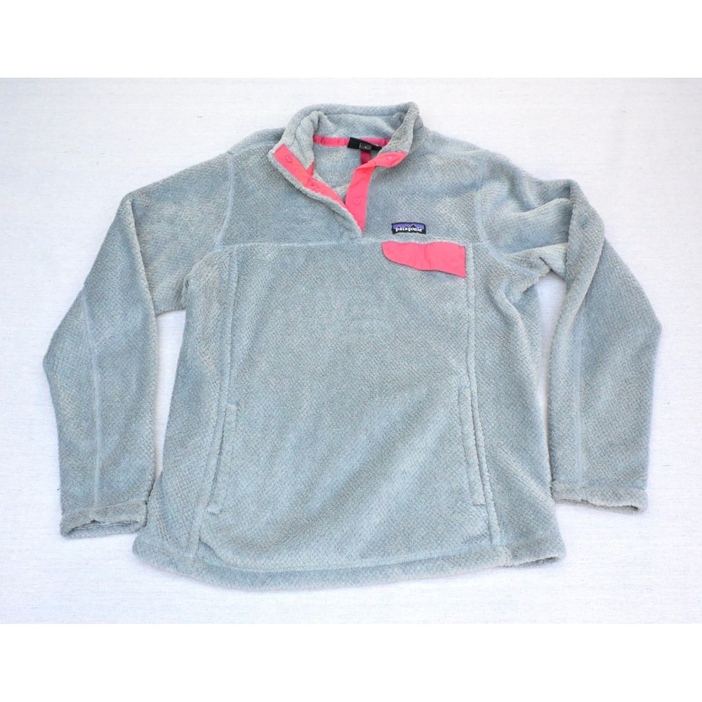 Patagonia Size L Grey Fleece Pullover Polartec Thermal Pro Coral Snap Placket